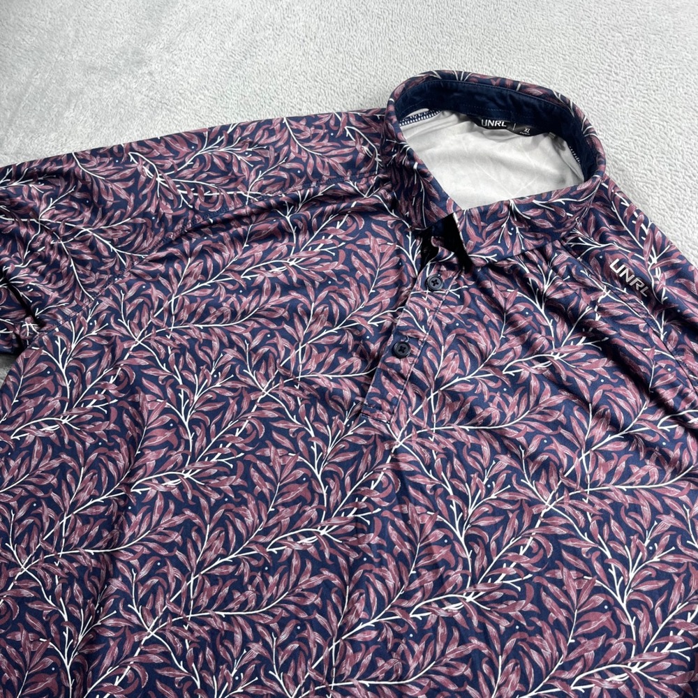 UNRL Mens Golf Polo Shirt XL Navy Blue Burgundy Leaf Print Performance Athletic